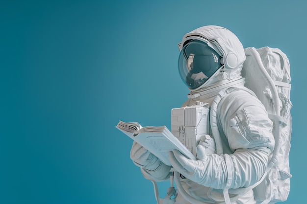 Foto estátua de astronauta branco lendo livro contra fundo azul ia gerativa