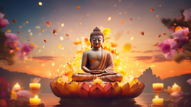 Estátua de Buda cercada de flores palavras imagem Ai gerou arte