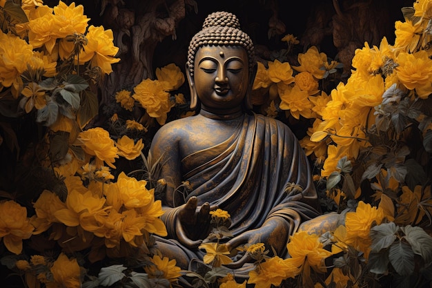 Estátua de Buda com flores amarelas em fundo preto