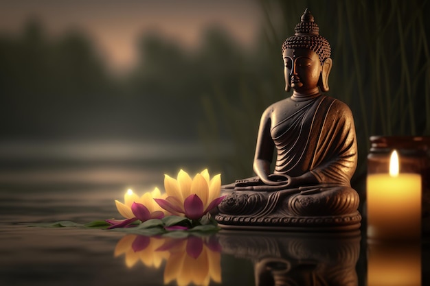 Estátua de Buda com luz de vela Buda purnima Vesak day background Generative ai