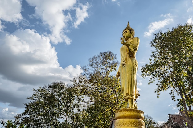 Estátua de Buda dourada na montanha em Wat Phrathat Khao Noi em nan thailandWat Phra That Khao Noi templo foi construído em 1487 e abriga uma relíquia de Buda em seu chedi principal