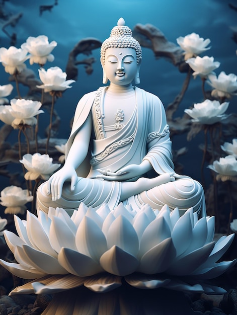 Estátua de Buda e flores de lótus
