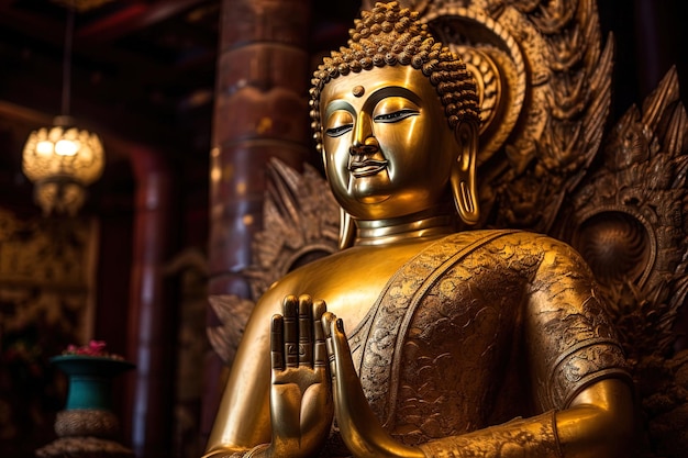 Estátua de Buda em posição de meditação ao lado de velas de flores lotto e IA geradora de água