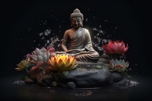 Estátua de Buda em posição de meditação ao lado de velas de flores lotto e IA geradora de água