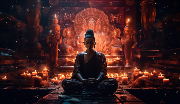 Estátua de Buda em posição de meditação, poder espiritual que abre o portão da fantasia