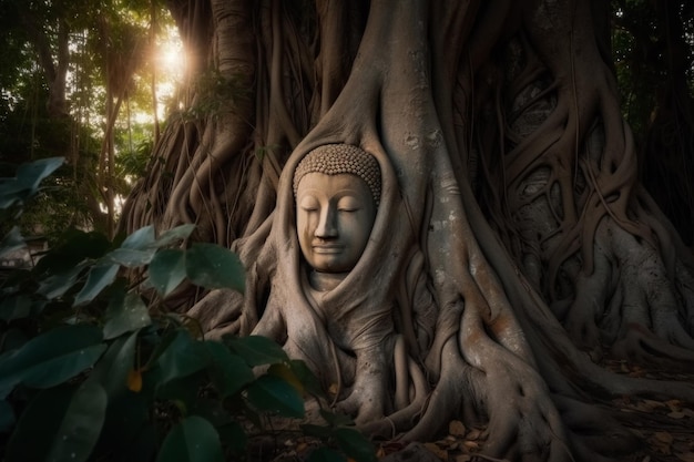 Estátua de Buda em uma árvore com o sol brilhando através das raízes da árvore