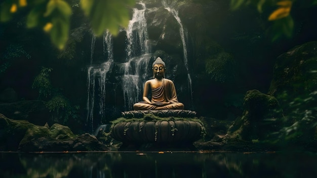 Estátua de Buda meditando em uma bela cachoeira na selva