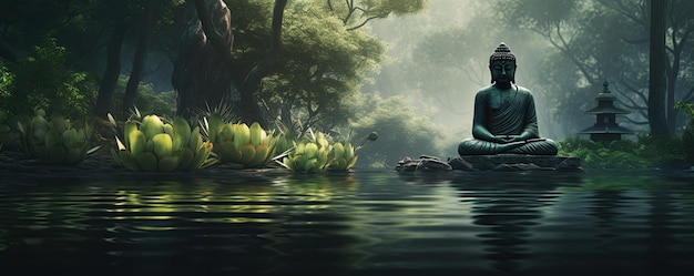 Estátua de Buda na margem de um lago na floresta de bambu