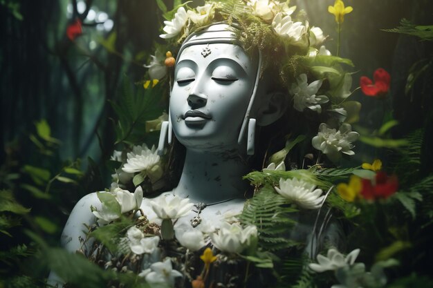 Estátua de Buda no jardim com flores e folhas verdes