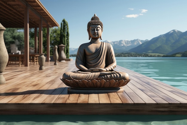 Estátua de Buda no terraço de madeira do templo