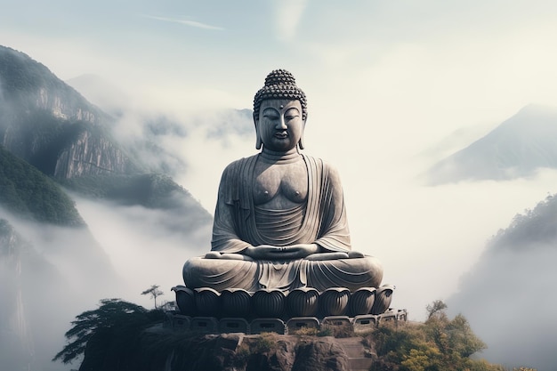 Estátua de Buda no topo da montanha na manhã enevoada