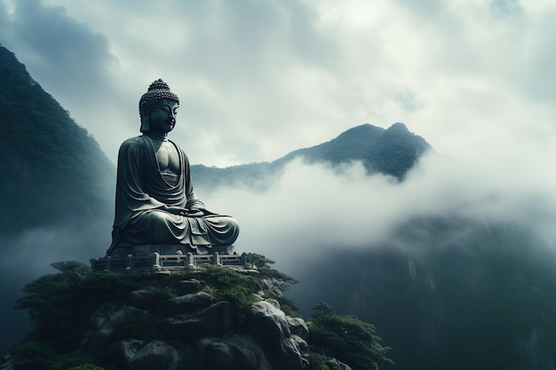 Estátua de Buda no topo da montanha na manhã enevoada