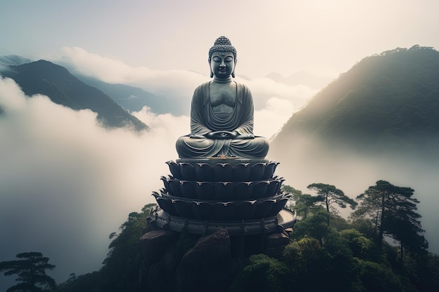 Estátua de Buda no topo da montanha na manhã enevoada