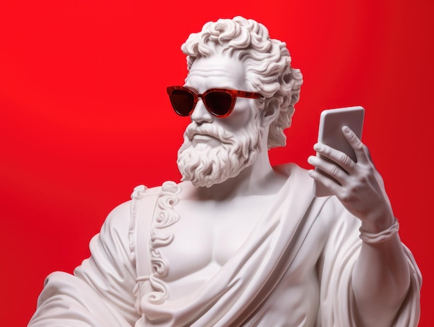 Estátua de busto branco do deus grego usando óculos escuros segurando um fundo vermelho de smartphone
