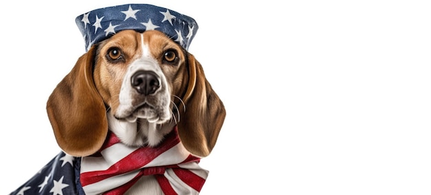 Foto estátua de cachorro beagle vestida com colete patriótico e chapéu em backgroundgenerative ai branco