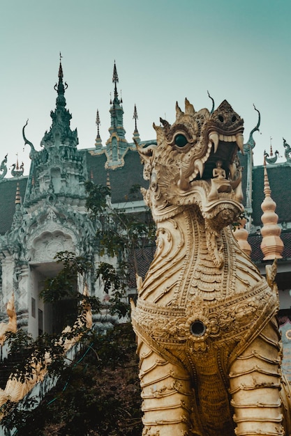 Estátua de dragão ao lado do templo contra o céu claro