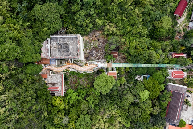 Estátua de dragão com templo e santuário vermelho na colina na floresta tropical em Wat Ban Tham