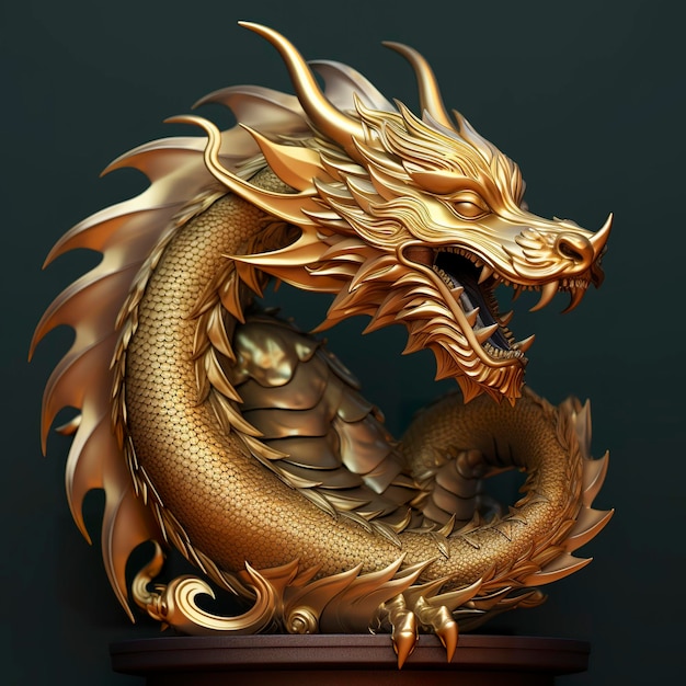 Estátua de dragão dourado Dragão chinês feito de ouro AI Generative