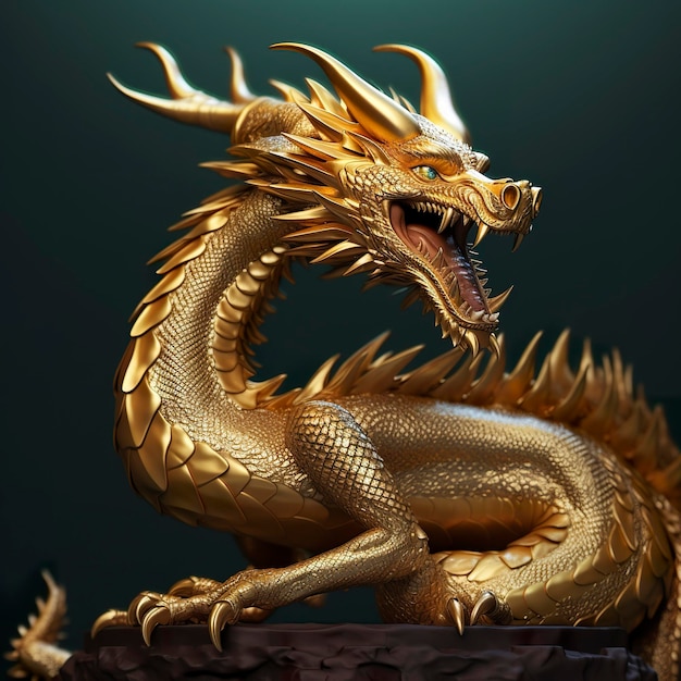 Estátua de dragão dourado Dragão chinês feito de ouro AI Generative