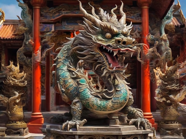 Estátua de dragão símbolo dragão chinês é uma bela arquitetura tailandesa e chinesa de santuário