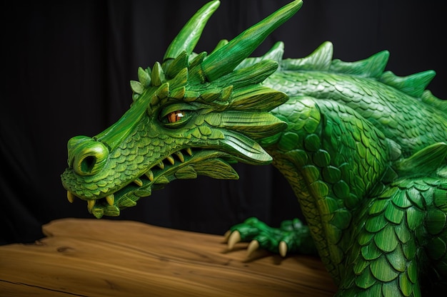 Estátua de dragão verde sobre mesa de madeira e plano de fundo preto Ano Novo do dragão Generative AI