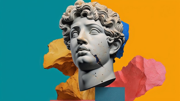 Estátua de homem antigo em vaporwave ou estética y2k busto antigo em cena 3D moderna