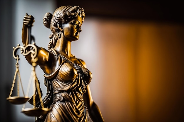 Estátua de Lady Justice em um fundo escuro com espaço de cópia Generative ai