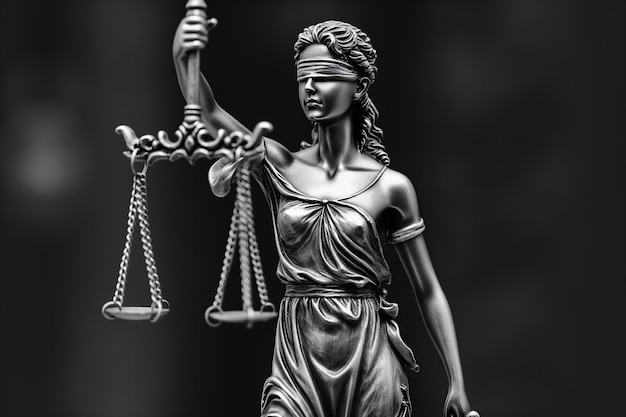 Foto estátua de lady justice segurando uma balança de justiça em um tribunal