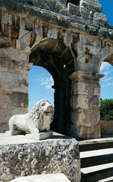 Estátua de leão no anfiteatro em Pula, Croácia. arena romana