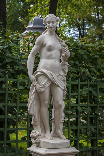 Estátua de mármore de Pomonna por Cabianca F no jardim de verão, São Petersburgo, Rússia