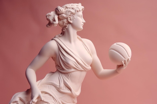 Estátua de mármore de uma antiga deusa grega praticando esportes em fundo pastel Escultura de jogador de jogo de bola Padrões de beleza corpo ideal atividade esportiva fitness conceito de publicidade esportiva AI gerado