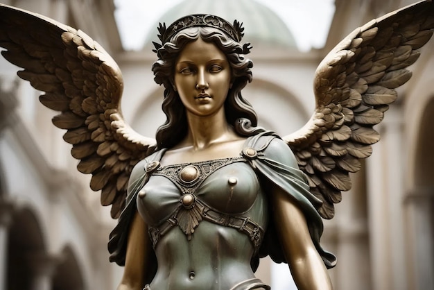 Estátua de mármore do anjo do apocalipse representação feminina de um guerreiro alado