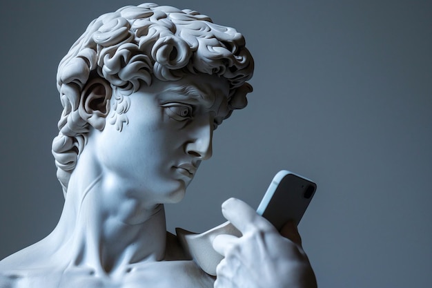 Estátua de Michelangelo David segurando um smartphone Escultura grega antiga Estátua de herói conversando rolando mídias sociais Doomscrolling conceito de saúde mental Maus hábitos Consumindo informações