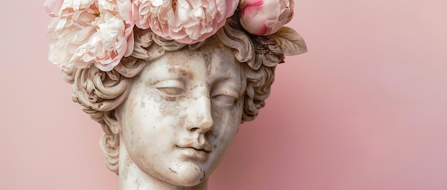Estatua de mulher antiga com coroa de flores de peônias