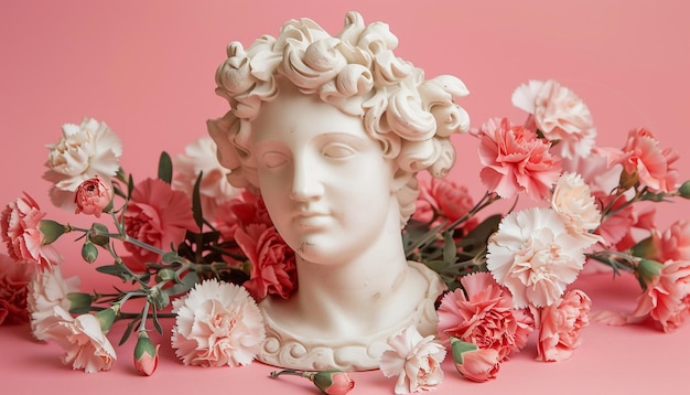 Estatua de mulher antiga com flores de cravos