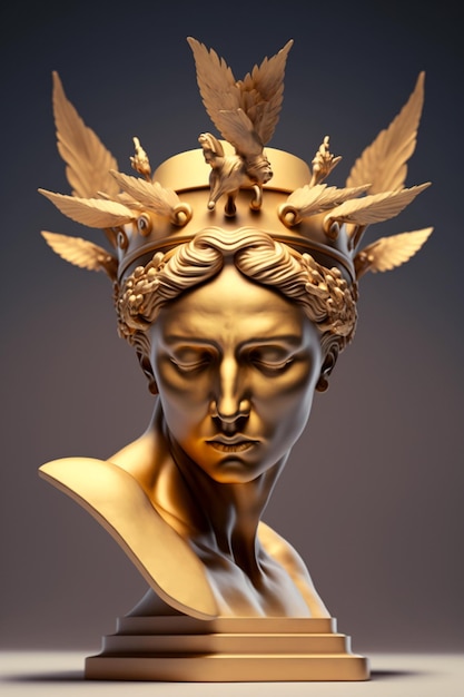 estátua de ouro de um homem de corda com uma coroa de asa na cabeça