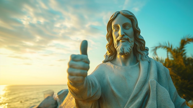 Estátua de pedra de Jesus com o polegar levantado, características faciais detalhadas e roupas drapadas