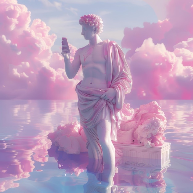Foto estátua de um deus grego com um smartphone em um mundo rosa
