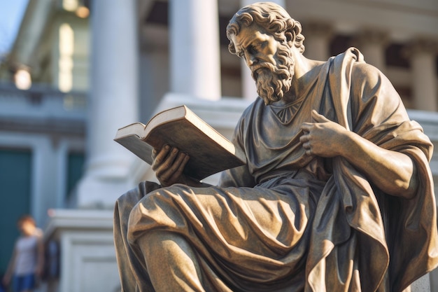 Foto estátua de um homem romano lendo um livro