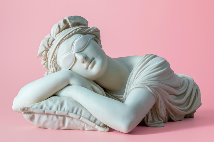 Foto estátua de uma deusa grega com máscara de dormir nos olhos conceito do dia mundial do sono descanse e relaxe sonhando acordado sono saudável conceito de dia de folga preguiçoso vestindo máscara de sono bandagem de sono