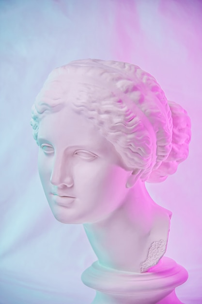 Estátua de vênus de milo. imagem de néon colorido do conceito criativo com a cabeça de vênus ou afrodite da escultura grega antiga. estilo de arte webpunk, vaporwave e surreal. efeitos duotônicos rosa e azul.