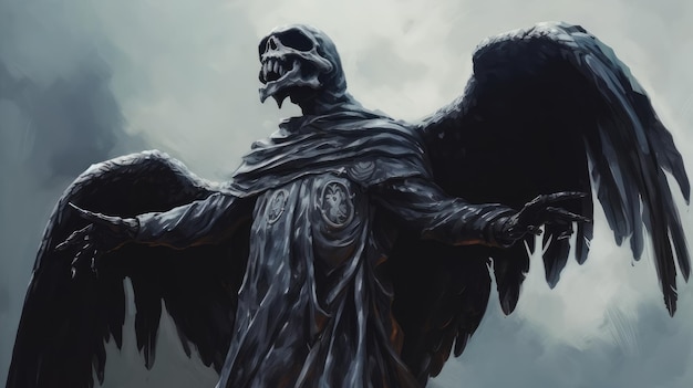 Una estatua de un demonio con alas y capucha.