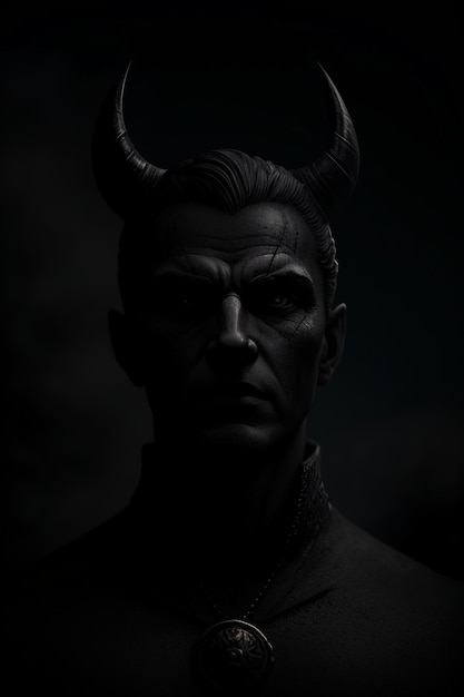 Una estatua de un diablo con cuernos está en la oscuridad.