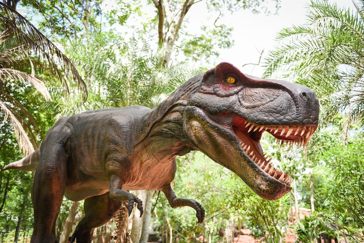 Foto estatua de dinosaurio en el parque forestal tyrannosaurus rex