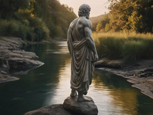 Foto una estatua de un dios está en una roca junto a un río