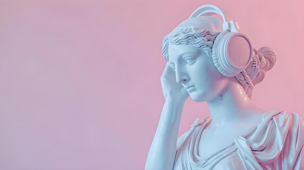 Estatua de la diosa griega con auriculares escuchando música fondo rosa con espacio para copiar