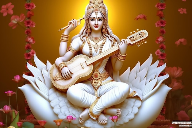 Una estatua de una diosa con una guitarra en las manos se sienta sobre un fondo amarillo.