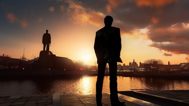 Estátua do cantor britânico Billy Fury no conceito de silhueta do Albert Dock de Liverpool