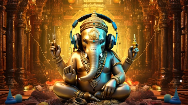 estátua do Senhor Ganesha no templo abstrato fundo dourado brilhante