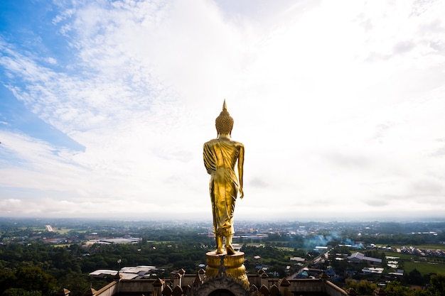 Estatua dorada de Buda de pie en una montaña con cielo maravilloso